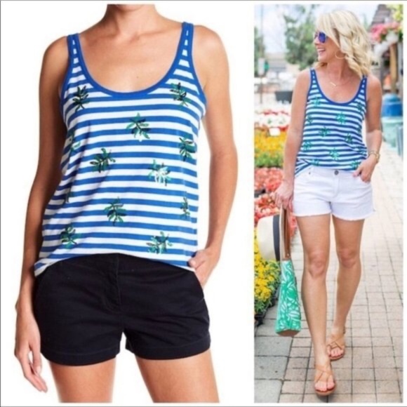 J. Crew Tops - J crew Blue Striped Tank Top Sequin beaded Palm Leaf detail XS Scoop Linen White